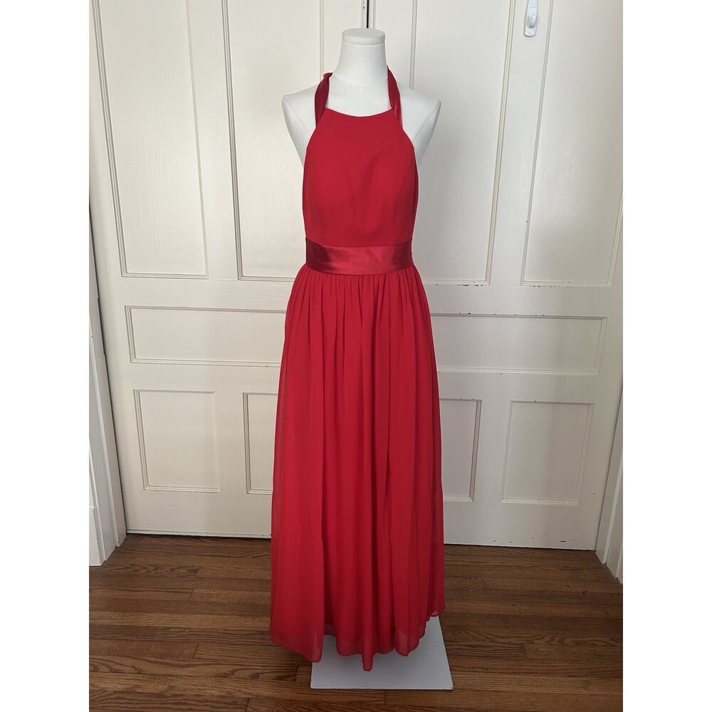 Azazie Halter Chiffon Maxi Bridesmaid Dress Womens Size A4 Red Classic Colorful